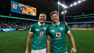<p>OH BROTHER: Ireland's Sam and Cian Prendergast celebrate after Saturday's test win at Allianz Stadium in Sydney. Pic: Ben Brady, Inpho</p>