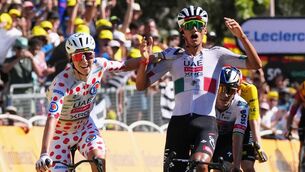 <p>Slovenia's Tadej Pogacar, left, and Mexico's Isaac Del Toro celebrate as they cross the finish line of the second stage of the Tour de France in Barcelona. Pic: Thibault Camus/AP</p> <p>Slovenia's Tadej Pogacar, left, and Mexico's Isaac Del Toro celebrate as they cross the finish line of the second stage of the Tour de France in Barcelona. Pic: Thibault Camus/AP</p>