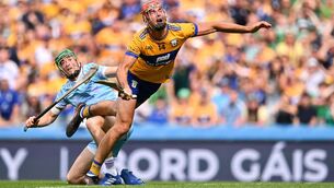 <p>Peter Duggan of Clare is fouled by Limerick goalkeeper Nickie Quaid, before a penalty was awarded to Clare that Tony Kelly scored a goal from, and Quaid was shown a yellow card for the foul. Pic: Piaras Ó Mídheach/Sportsfile</p>