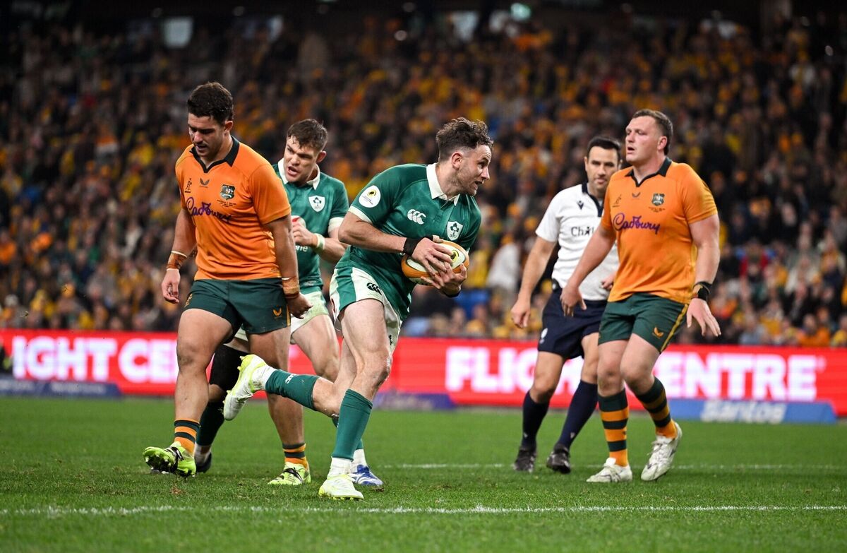 Hugo Keenan runs in Ireland's fourth try against Australia. Picture: Brendan Moran/Sportsfile Hugo Keenan runs in Ireland's fourth try against Australia. Picture: Brendan Moran/Sportsfile