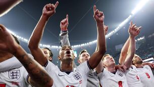 <p>SALUTE: England hero Jude Bellingham leads the post match celebrations after their 3-2 Round of 16 victory over Mexico. Pic: Francois Nel/Getty Images</p>