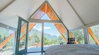 Wide Angle Real Estate Interior Shot of a Beautiful, Trendy A-Frame Tiny Home in Western Colorado with a View of Unaweep Canyon
