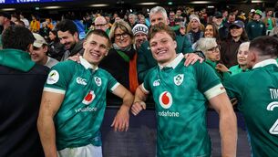 <p>G'DAY: Sam and Cian Prendergast celebrate Ireland's Nations Championship victory over Australia in Sydney with their parents, Ciara Ware from Carlow and Mark Prendergast. Pic: INPHO/Ben Brady.</p>