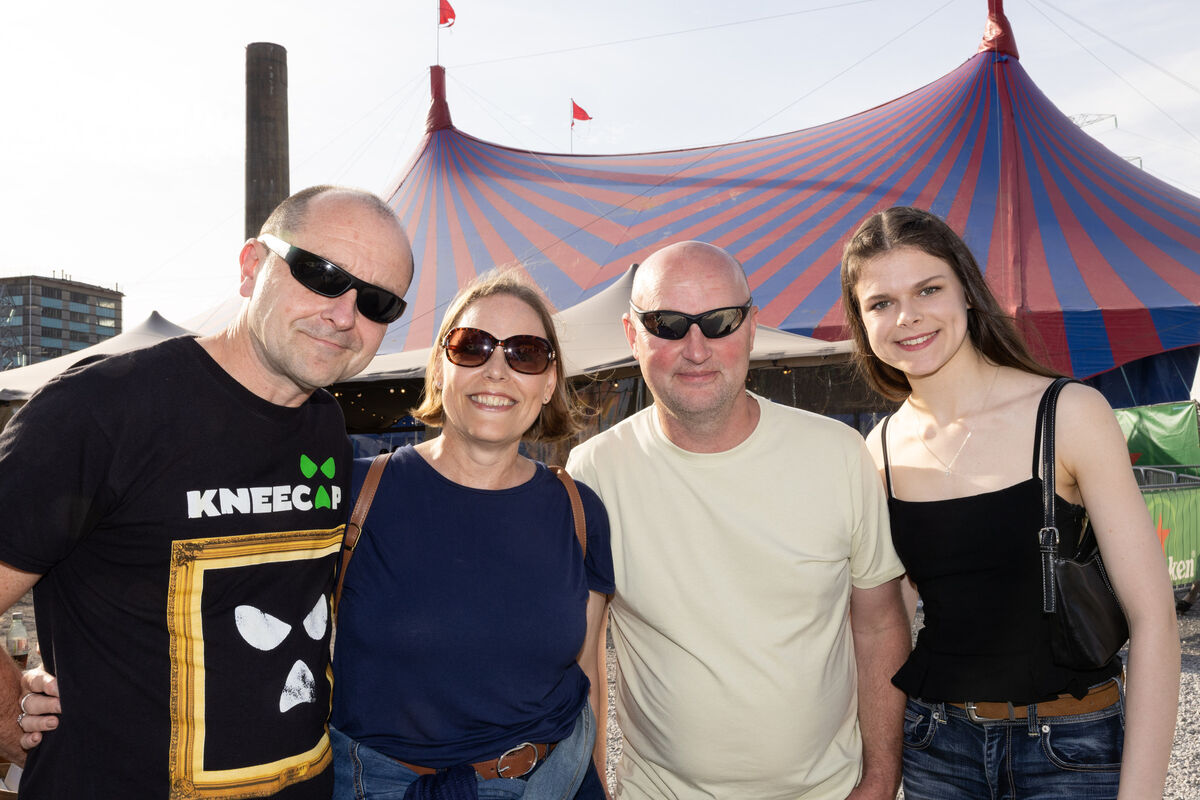 Jim O’Byrne, Carrigaline, Karen Dolman, Carrigaline, John Sharkey, Donegal and Ailis O’Byrne, Carrigaline going to see Kneecap at Live At The Marquee. Picture: Darragh Kane Jim O’Byrne, Carrigaline, Karen Dolman, Carrigaline, John Sharkey, Donegal and Ailis O’Byrne, Carrigaline going to see Kneecap at Live At The Marquee. Picture: Darragh Kane