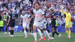 <p>Charles De Ketelaere celebrates his first of two in Seattle against the US. Picture: Alex Grimm/Getty</p>