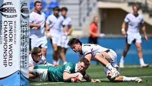 <p>ELEVENTH HEAVEN: Ireland's Jack Deegan scores his side's eleventh try during the World Junior Rugby Championship Pool C game against the USA. Pic: Tamuna Kulumbegashvili/Sportsfile</p>