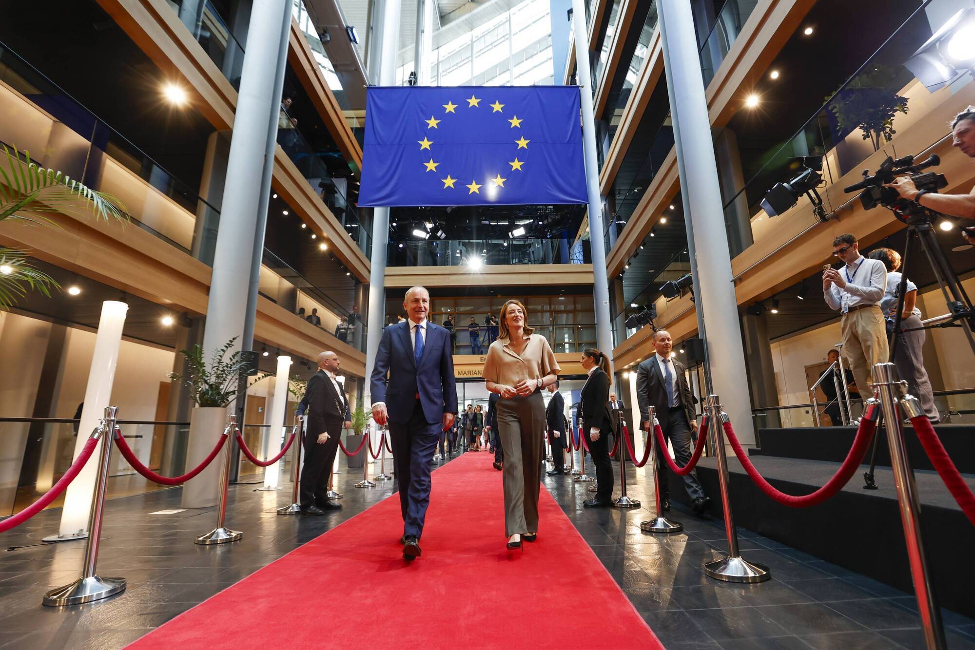 Taoiseach Micheál Martin with European Parliament president Roberta Metsola in Strasbourg.