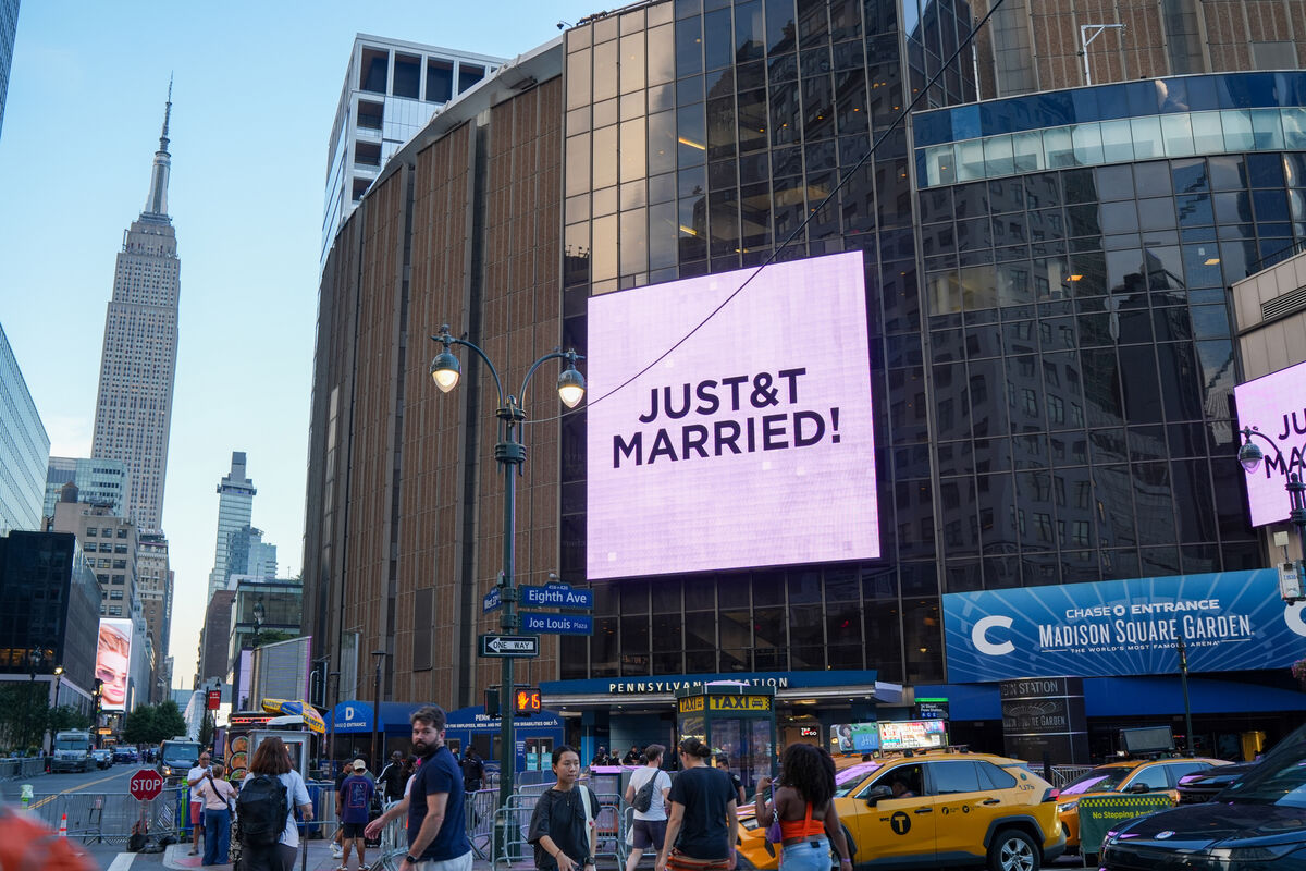 The 'Just Married' sign on Madison Square Garden during Taylor Swift and Travis Kelce's wedding on Friday. Photo: AP/Ryan Murphy The 'Just Married' sign on Madison Square Garden during Taylor Swift and Travis Kelce's wedding on Friday. Photo: AP/Ryan Murphy