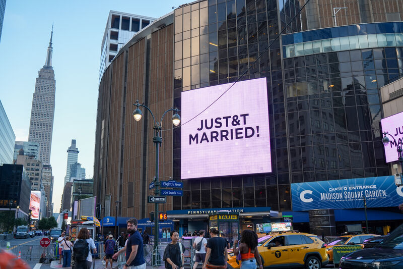 The 'Just Married' sign on Madison Square Garden during Taylor Swift and Travis Kelce's wedding on Friday. Photo: AP/Ryan Murphy