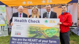 <p>(Left to right) IFA president Francie Gorman, IFA farm family & social affairs chair Teresa Roche, minister of state with responsibility for forestry, farm safety and horticulture, Niall Collins, and project co-ordinator for Croí Heart & Stroke Charity Paul Cunnane at the launch of the IFA Farmer Health Check Programme at the Teagasc Beef Open Day in Teagasc’s research facility in Grange, Co Meath.</p> <p>(Left to right) IFA president Francie Gorman, IFA farm family & social affairs chair Teresa Roche, minister of state with responsibility for forestry, farm safety and horticulture, Niall Collins, and project co-ordinator for Croí Heart & Stroke Charity Paul Cunnane at the launch of the IFA Farmer Health Check Programme at the Teagasc Beef Open Day in Teagasc’s research facility in Grange, Co Meath.</p>