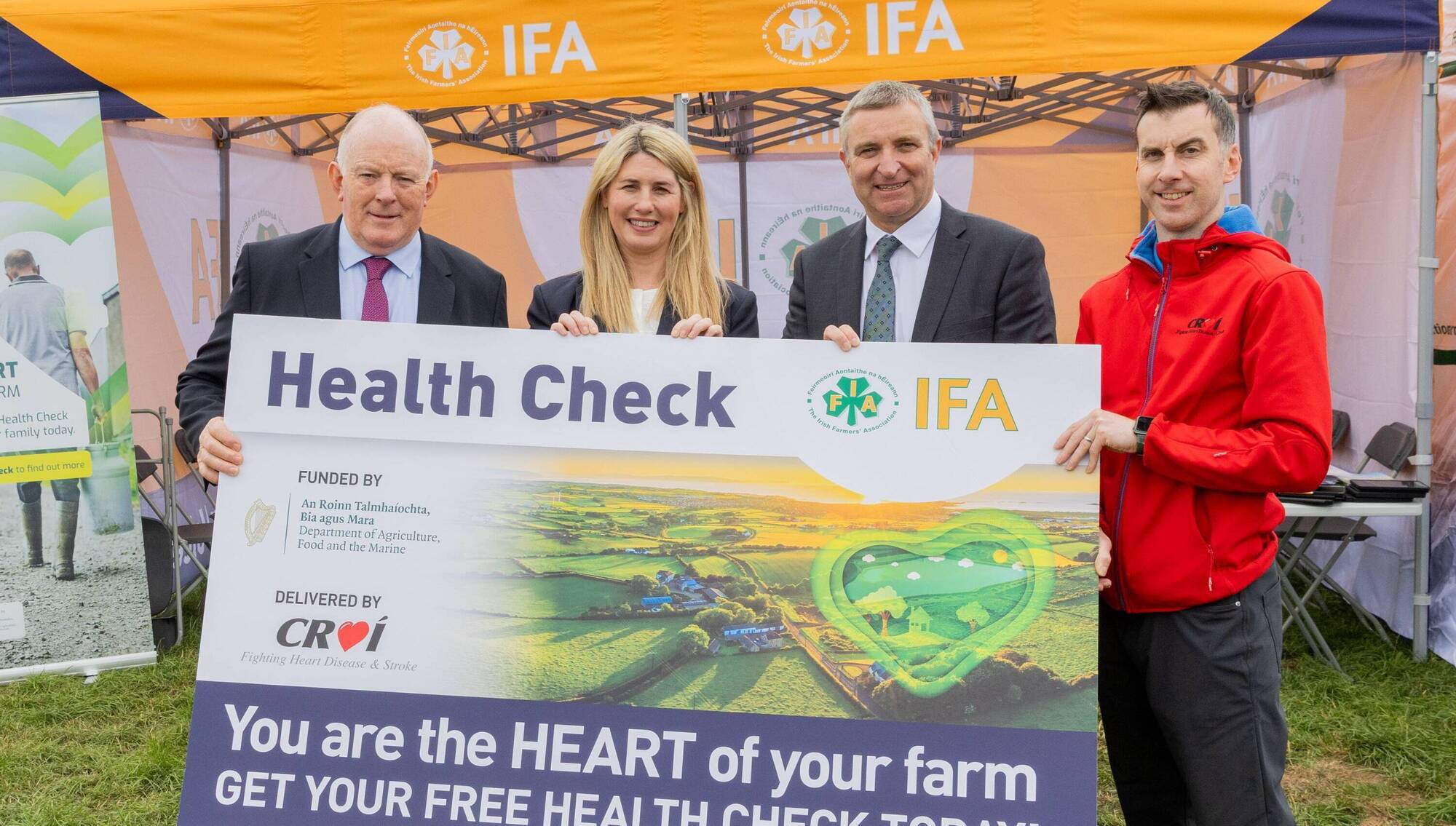 (Left to right) IFA president Francie Gorman, IFA farm family & social affairs chair Teresa Roche, minister of state with responsibility for forestry, farm safety and horticulture, Niall Collins, and project co-ordinator for Croí Heart & Stroke Charity Paul Cunnane at the launch of the IFA Farmer Health Check Programme at the Teagasc Beef Open Day in Teagasc’s research facility in Grange, Co Meath.