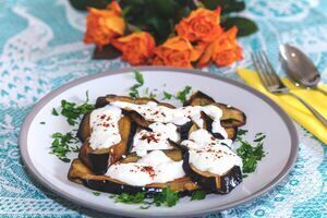 Roast Aubergine with tahini yogurt