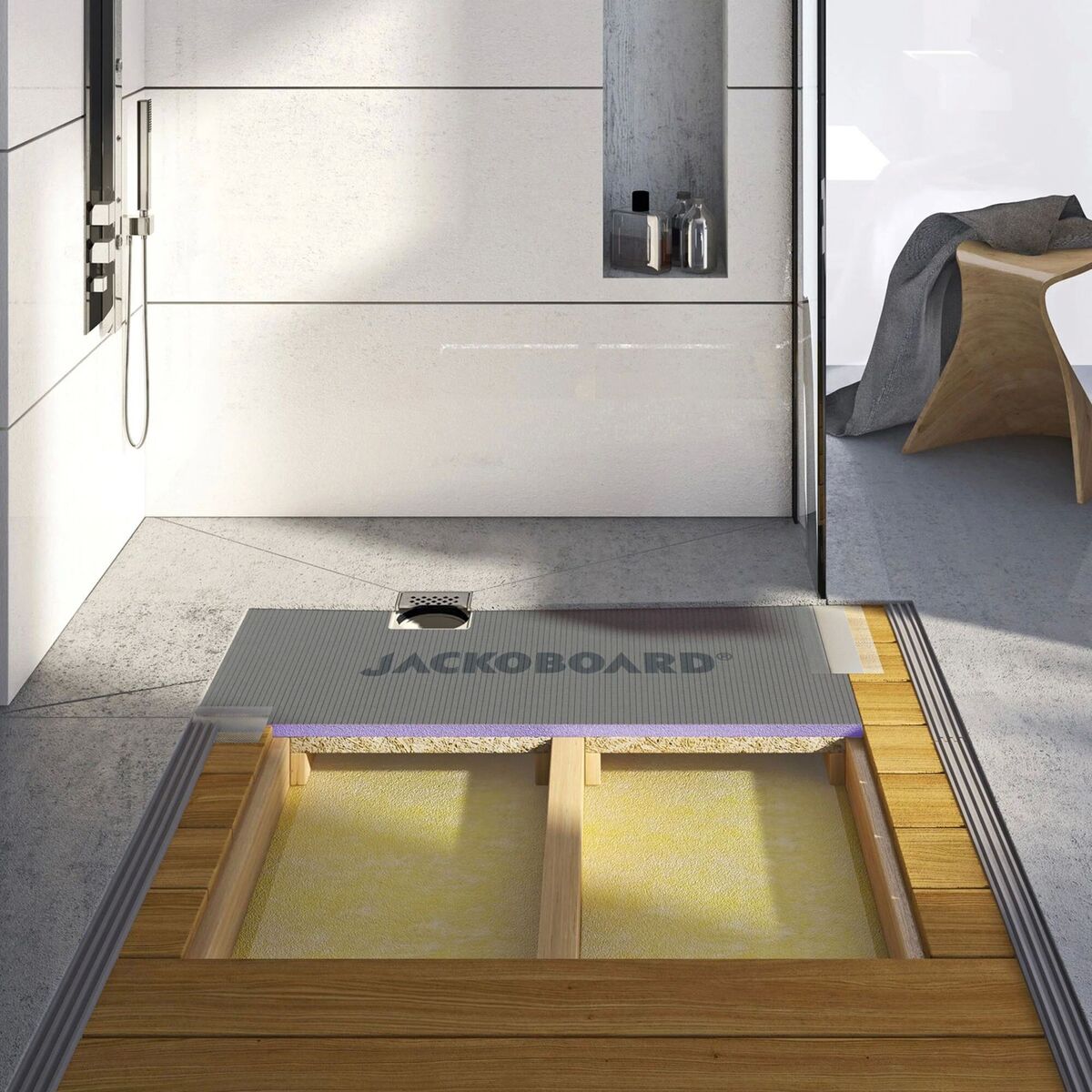 Jackoboard Aqua Flat range of low-profile shower bases designed to create wet rooms and walk-in showers in properties with suspended timber floors. Kits from €351.48 without waste, Deluxe Bathrooms. Jackoboard Aqua Flat range of low-profile shower bases designed to create wet rooms and walk-in showers in properties with suspended timber floors. Kits from €351.48 without waste, Deluxe Bathrooms.