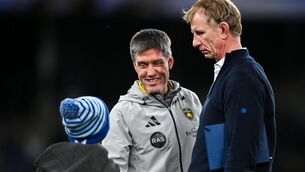 <p>La Rochelle head coach Ronan O'Gara shakes hands with Con Cullen, son of Leinster head coach Leo Cullen, right. Pic: David Fitzgerald/Sportsfile</p>