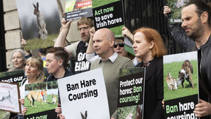 <p>TDs Paul Murphy and Ruth Coopinger with protesters outside Leinster House to campaign for hare coursing to be banned ahead of the Dáil debate last week. Picture: Sam Boal/Collins</p>