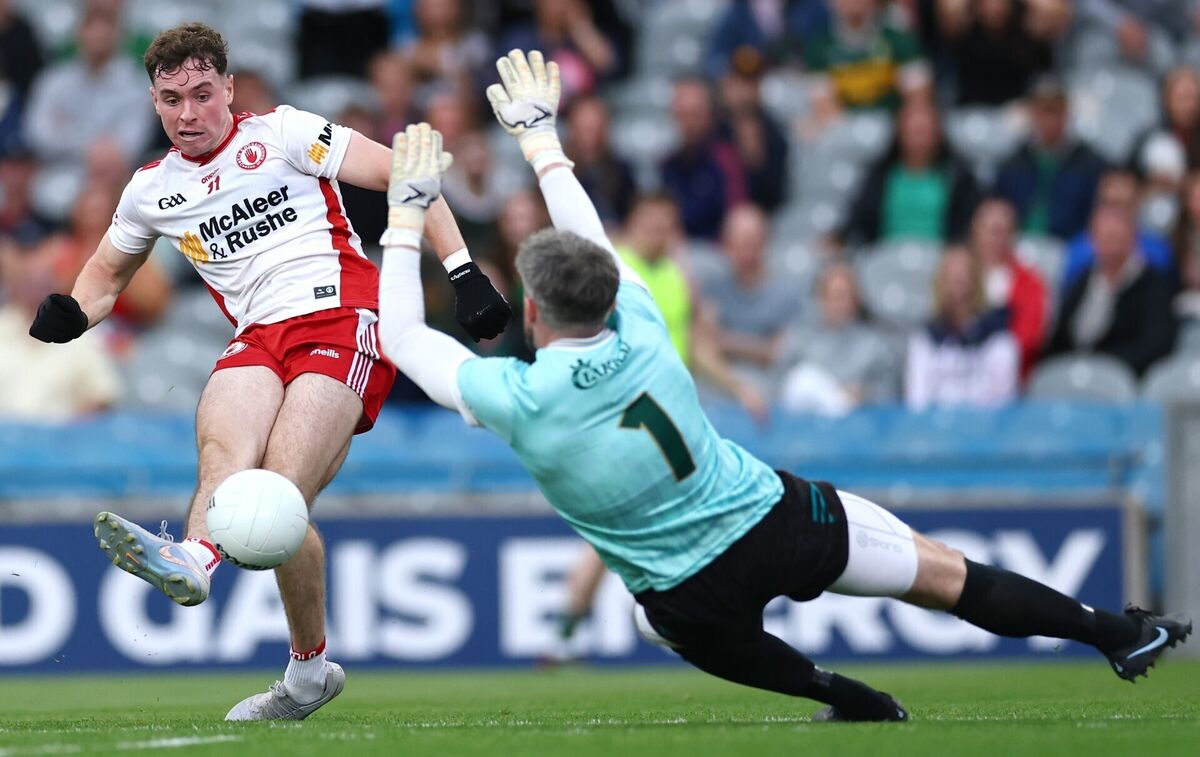 Tyrone’s Ronan Cassidy has his shot saved by goalkeeper Shane Murphy. Pic: ©INPHO/James Crombie. Tyrone’s Ronan Cassidy has his shot saved by goalkeeper Shane Murphy. Pic: ©INPHO/James Crombie.