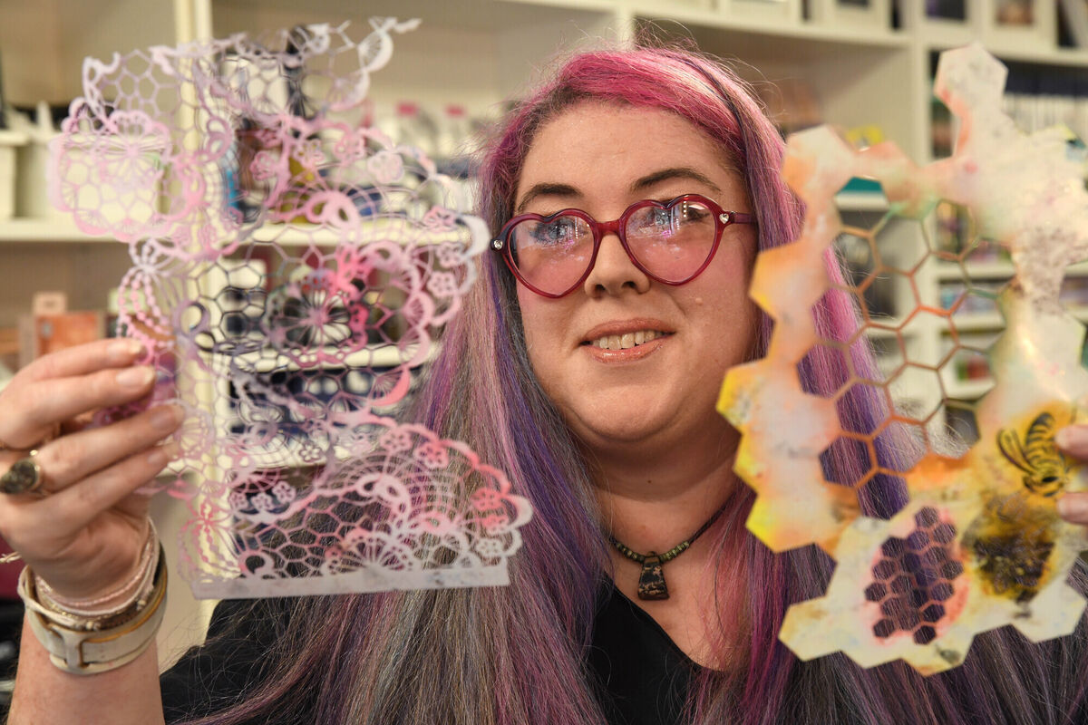 Caitríona Giblin with two stencils she uses for body painting. Picture: Moya Nolan Caitríona Giblin with two stencils she uses for body painting. Picture: Moya Nolan