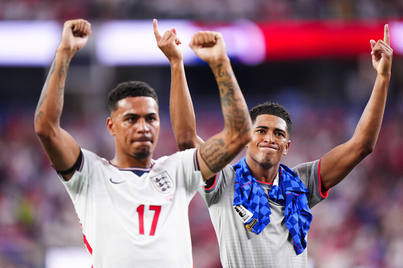 England's Jude Bellingham and Morgan Rogers following the World Cup Group L match at the Dallas Stadium, Arlington. England's Jude Bellingham and Morgan Rogers following the World Cup Group L match at the Dallas Stadium, Arlington.