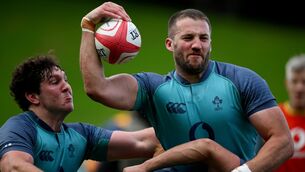 <p>Stuart McCloskey and Tom Stewart, left, during an Ireland rugby squad training session at Leichhardt Oval in Sydney. Pic: Brendan Moran/Sportsfile</p>
