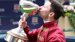 <p>HOME IS THE HERO: Oisin Murphy is crowned Champion Jockey for the fifth time. Pic: Healy Racing</p>
