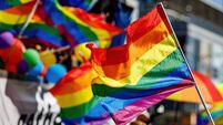 Lgbt pride rainbow flag during parade in the city .