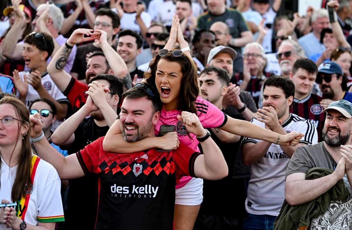 Bohemians supporters celebrate after their side score a second goal during the UEFA Conference League First Qualifying Round first leg match between Bohemians and St Joseph’s at Dalymount Park in Dublin. Photo by Stephen McCarthy/Sportsfile Bohemians supporters celebrate after their side score a second goal during the UEFA Conference League First Qualifying Round first leg match between Bohemians and St Joseph’s at Dalymount Park in Dublin. Photo by Stephen McCarthy/Sportsfile
