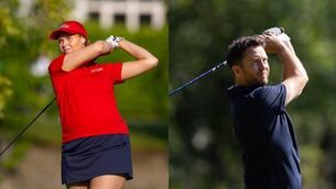 <p>Anna Dawson (Munster) and Gerard Dunne (Leinster) tee off at the Men's and Women's Interprovincial Matches at Knightsbrook Hotel Spa &amp; Golf Resort. Photo: ©INPHO/Tom O'Hanlon</p>