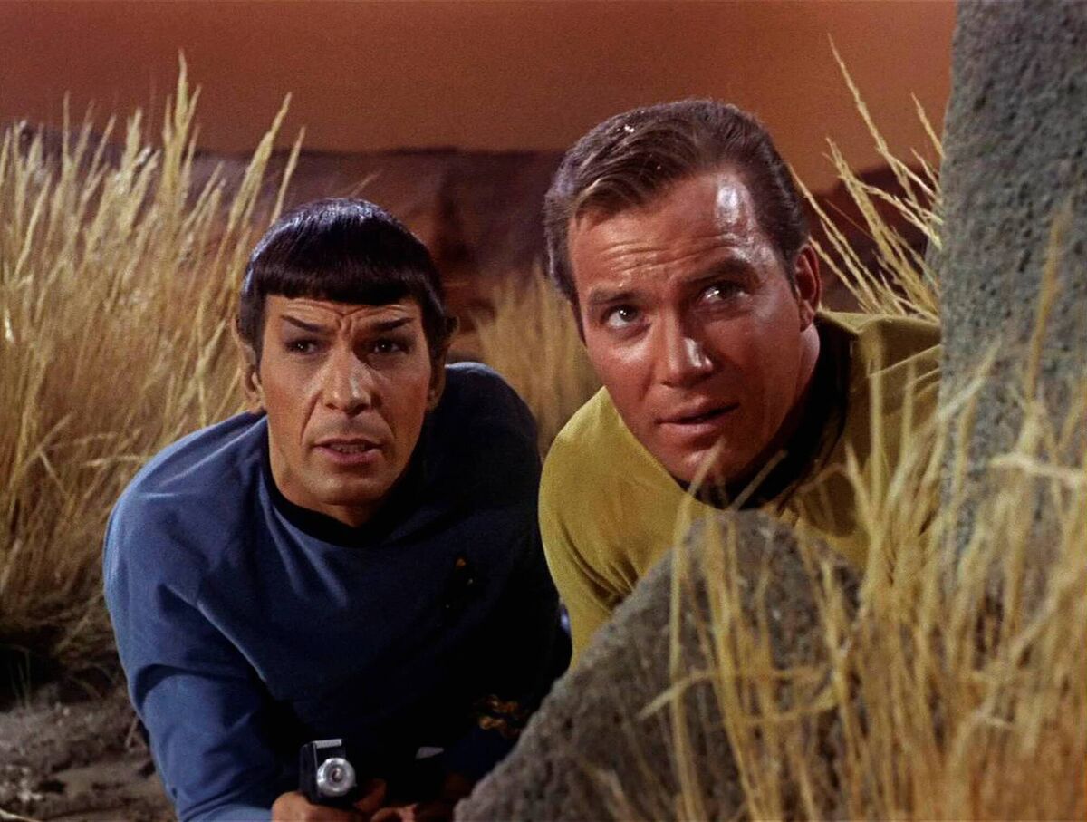 Stardate September 8, 1966: Leonard Nimoy as Mr Spock and William Shatner as Captain James T Kirk in the premiere episode of 'Star Trek'. Picture: CBS Photo Archive/Getty