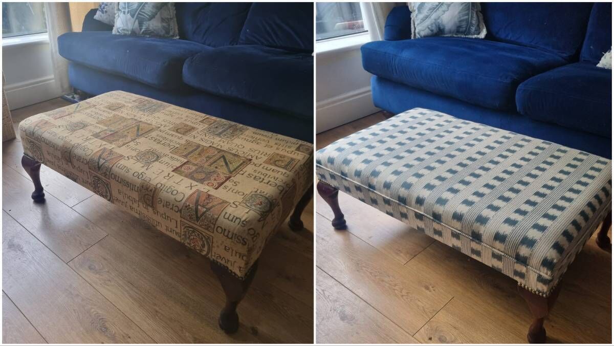 Sara Harrison reupholstered this old footstool, left, in Helen Turkington fabric, right. Sara Harrison reupholstered this old footstool, left, in Helen Turkington fabric, right.