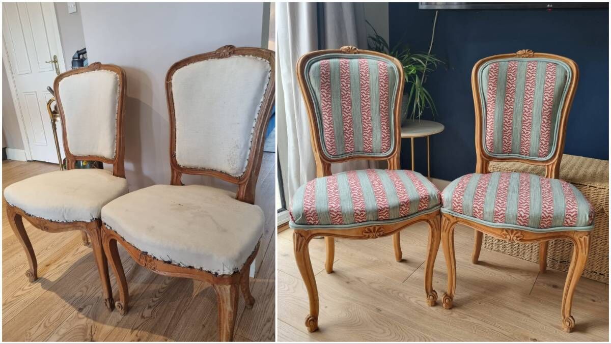 Before and after: These French antique chairs with straw padding, left, were reupholstered in Colefax and Fowler fabric, right. Before and after: These French antique chairs with straw padding, left, were reupholstered in Colefax and Fowler fabric, right.