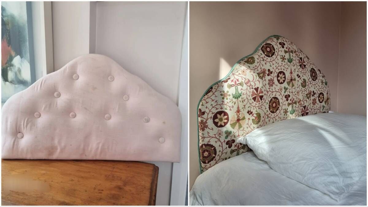 Sara Harrison bought this old headboard on Adverts, left, and reupholstered it in Helen Turkington fabric with piping she made herself from old fabric. Sara Harrison bought this old headboard on Adverts, left, and reupholstered it in Helen Turkington fabric with piping she made herself from old fabric.
