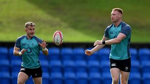 <p>Ciarán Frawley, right, and Craig Casey during the Ireland Rugby captain's run at McDonald Jones Stadium. Pic: Brendan Moran/Sportsfile</p> <p>Ciarán Frawley, right, and Craig Casey during the Ireland Rugby captain's run at McDonald Jones Stadium. Pic: Brendan Moran/Sportsfile</p>