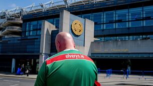 <p>A Mayo supporter outside Croke Park before the GAA Football All-Ireland Senior Championship semi-final match between Mayo and Louth at Croke Park. Pic: Ray McManus/Sportsfile.</p>