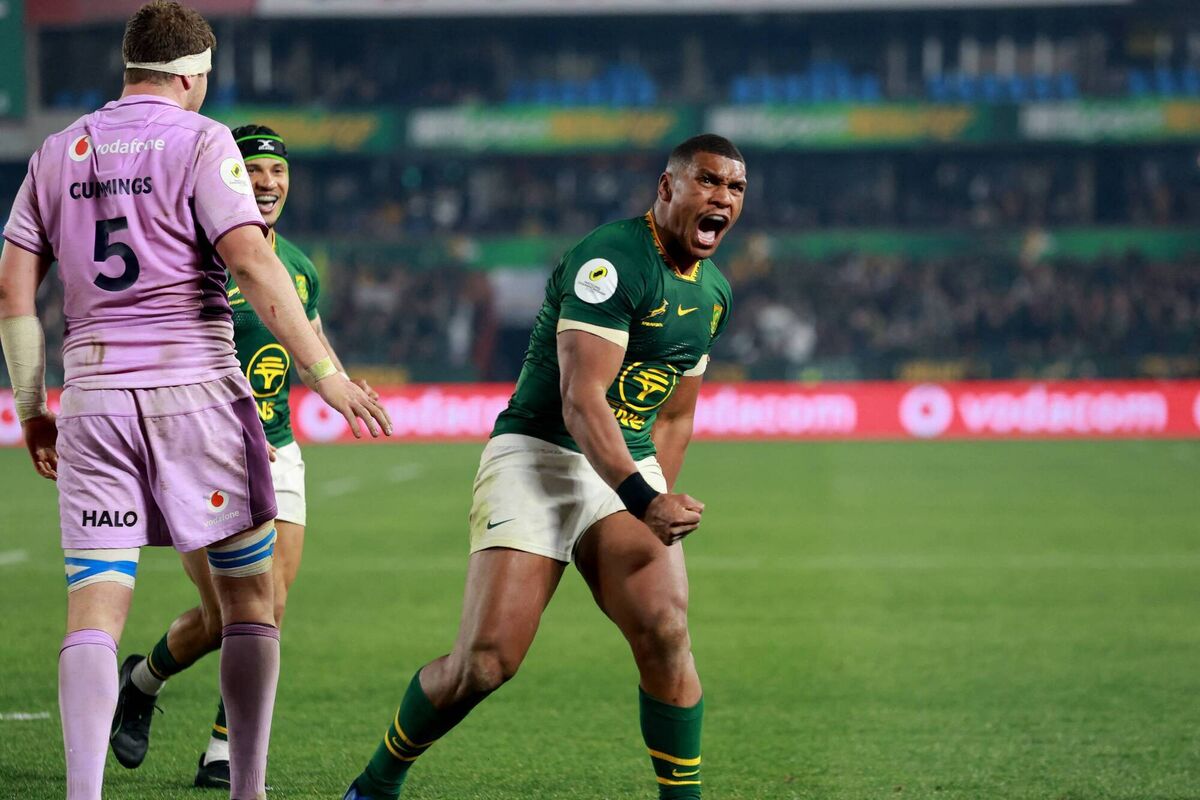 Damian de Allende celebrates a Springbok's try. Pic: Phill Magakoe/Getty