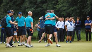<p>Thomas Higgins celebrates with teammates after sinking the winning put on the 20th hole to secure the victory for Ireland. Pic: EGA</p> <p>Thomas Higgins celebrates with teammates after sinking the winning put on the 20th hole to secure the victory for Ireland. Pic: EGA</p>