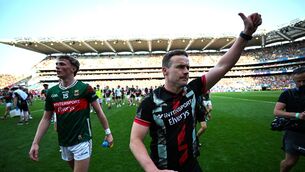 <p>THUMBS UP: Mayo manager Andy Moran, right, and Kobe McDonald gesture to fans after their win over Louth. Pic: Ramsey Cardy/Sportsfile</p> <p>THUMBS UP: Mayo manager Andy Moran, right, and Kobe McDonald gesture to fans after their win over Louth. Pic: Ramsey Cardy/Sportsfile</p>