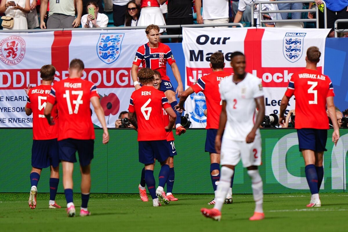 Norway's Andreas Schjelderup (centre, top) celebrates a magnificent strike. Pic: Bradley Collyer/PA