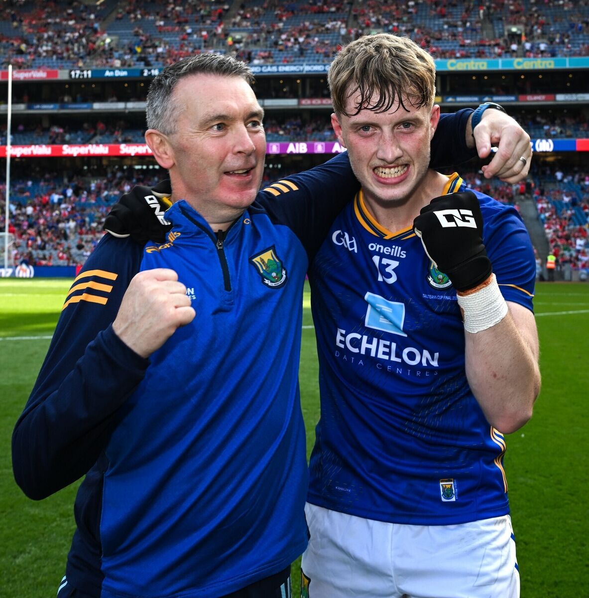 Wicklow manager Oisín McConville and Oisín McGraynor celebrate after the Tailteann Cup final match between Down and Wicklow at Croke Park in Dublin. Photo by Ray McManus/Sportsfile Wicklow manager Oisín McConville and Oisín McGraynor celebrate after the Tailteann Cup final match between Down and Wicklow at Croke Park in Dublin. Photo by Ray McManus/Sportsfile