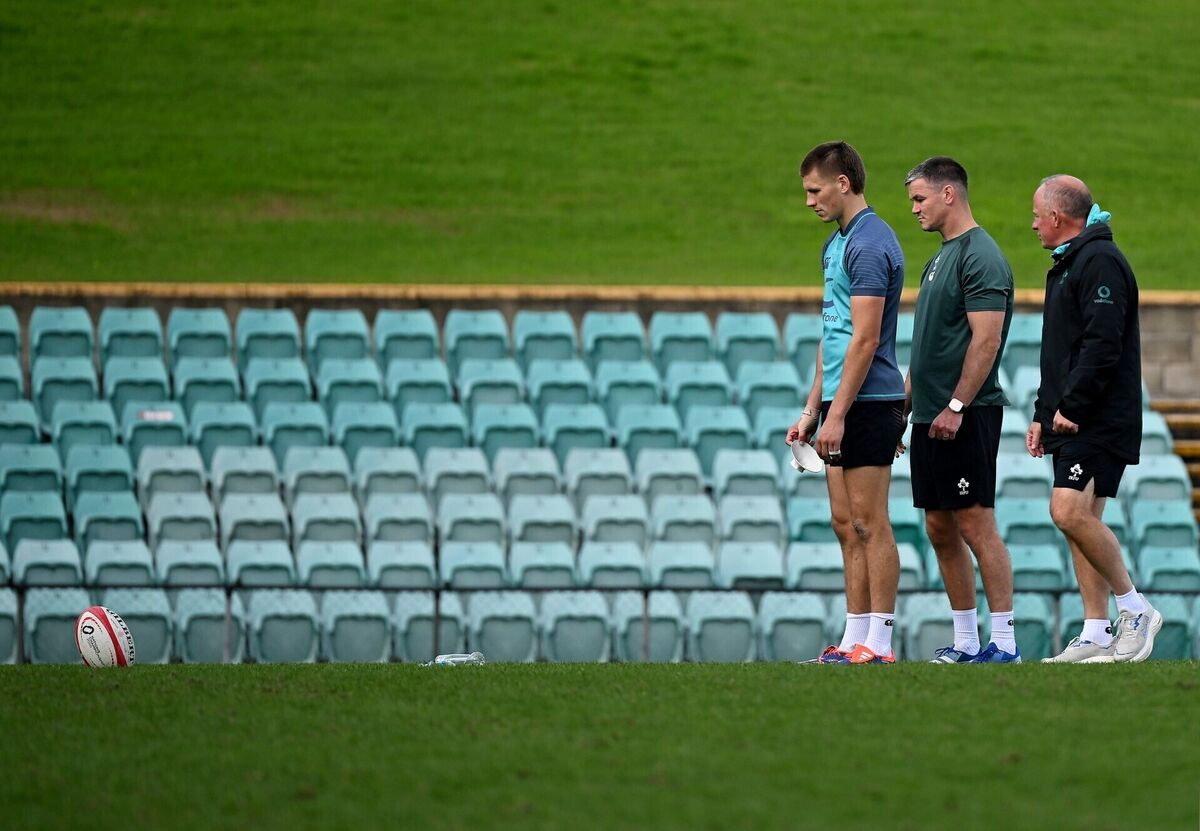 Sam Prendergast with assistant coach Jonathan Sexton, centre, and IRFU performance director David Humphreys during an Ireland rugby squad training session at Leichhardt Oval in Sydney, Australia. Photo by Brendan Moran/Sportsfile Sam Prendergast with assistant coach Jonathan Sexton, centre, and IRFU performance director David Humphreys during an Ireland rugby squad training session at Leichhardt Oval in Sydney, Australia. Photo by Brendan Moran/Sportsfile