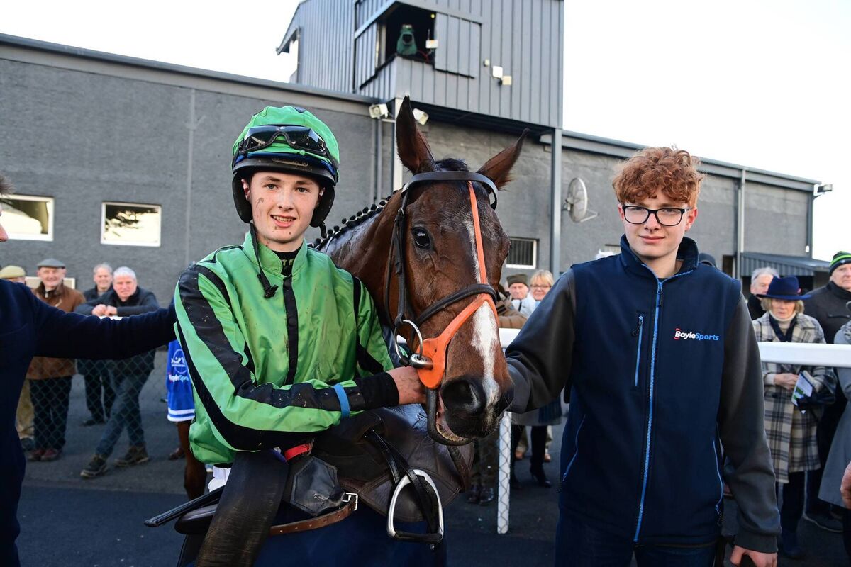 Jockey Paddy Hanlon and brother Sean after winning with Hewick in 2025 Photo: Pat Healy
