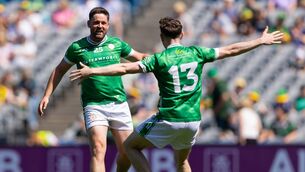 <p>London's Seán Hickey and Shaun McCready celebrate after the game. Pic: Tom O’Hanlon</p>