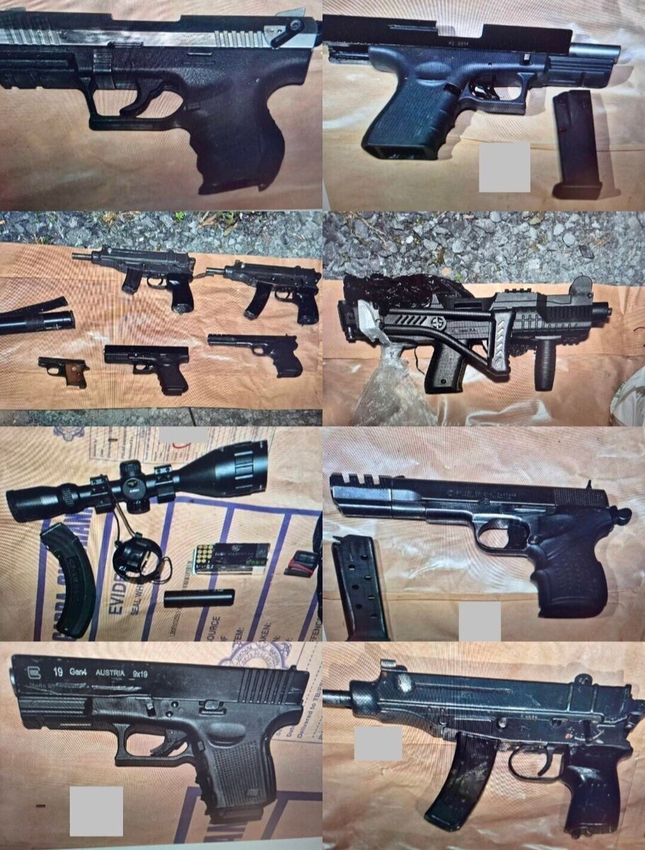 The full array of photos issued by An Garda Síochána of the weapons they seized during an operation targeting organised crime in Laois and Kildare. Picture: An Garda Síochána/PA