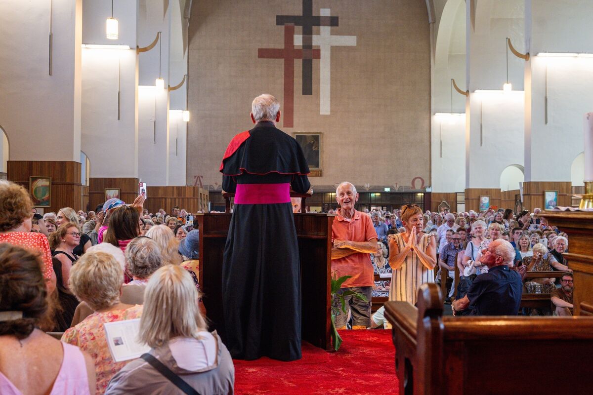  Bishop Emeritus John Buckley delivers his final words from the altar before a packed congregation at the final Mass in St Augustine’s Church in Cork city centre. Picture: Chani Anderson
