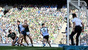 <p>Seán O'Brien of Kerry celebrates after scoring his side's second goal during the GAA Football All-Ireland Senior Championship semi-final match between Dublin and Kerry at Croke Park in Dublin. Photo by Stephen McCarthy/Sportsfile</p>