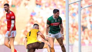 <p>ICING: Mayo's Conor Loftus celebrates scoring his side’s third goal in their comprehensive All-Ireland SFC semi-final win over Louth at Croke Park. Pic: Tom O’Hanlon, Inpho</p>