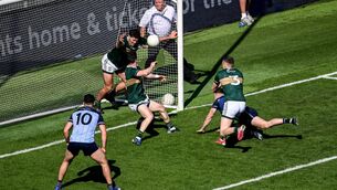 <p>GOAL?: Mike Breen clears the ball off the line. Pic: Daire Brennan/Sportsfile</p>