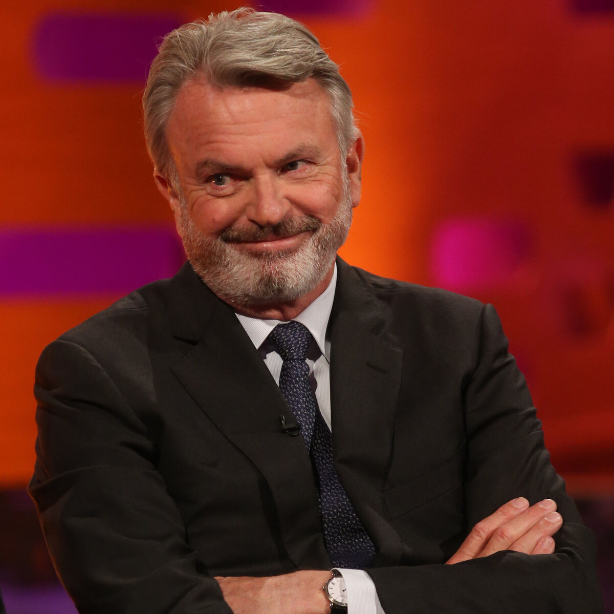Sam Neill during filming of The Graham Norton Show at the London Studios in London. Sam Neill during filming of The Graham Norton Show at the London Studios in London.