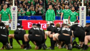 <p>Ireland players watch New Zealand players perform the Haka before the 2023 Rugby World Cup quarter-final. Pic: Brendan Moran/Sportsfile.</p>