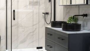 <p>Buff down your shower’s black detailing regularly and avoid heavily framed in black enclosures; Hinge and inline shower door with side panel, matt black, from €1033, Deluxe Bathrooms.</p>