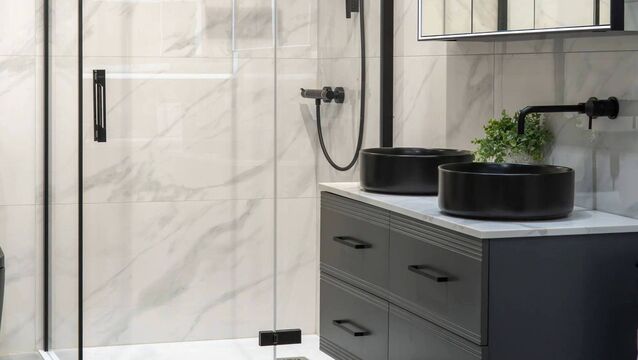 <p>Buff down your shower’s black detailing regularly and avoid heavily framed in black enclosures; Hinge and inline shower door with side panel, matt black, from €1033, Deluxe Bathrooms.</p>